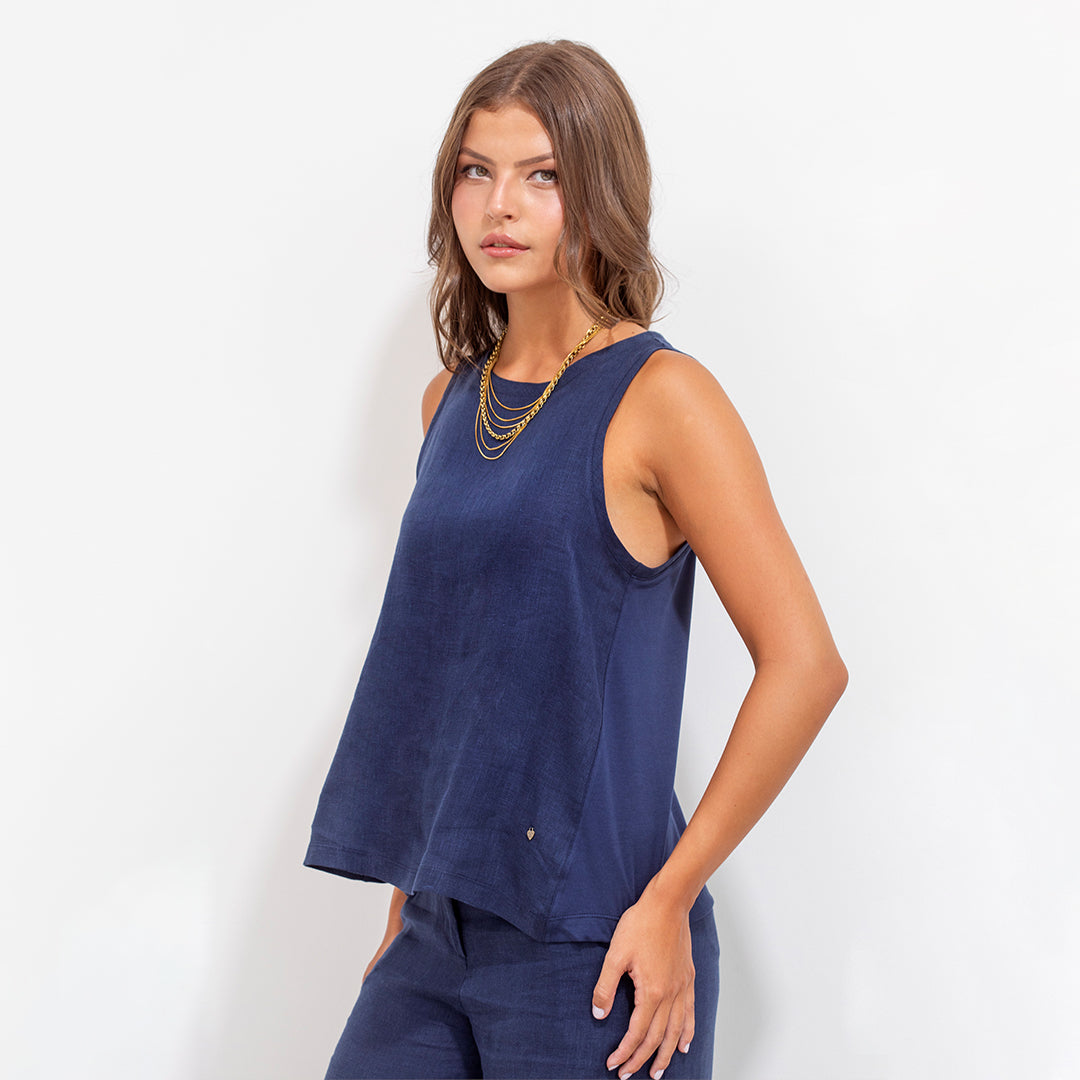 Jimena Blouse Blue Linen and Jersey