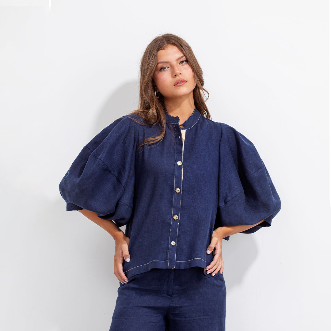 Gerald Shirt Blue And Beige Linen