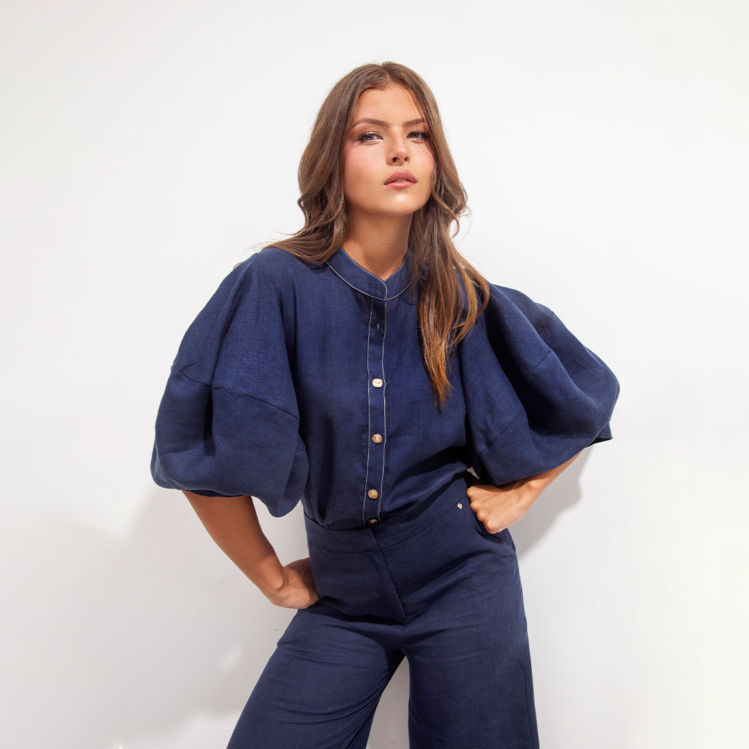 Gerald Shirt Blue And Beige Linen