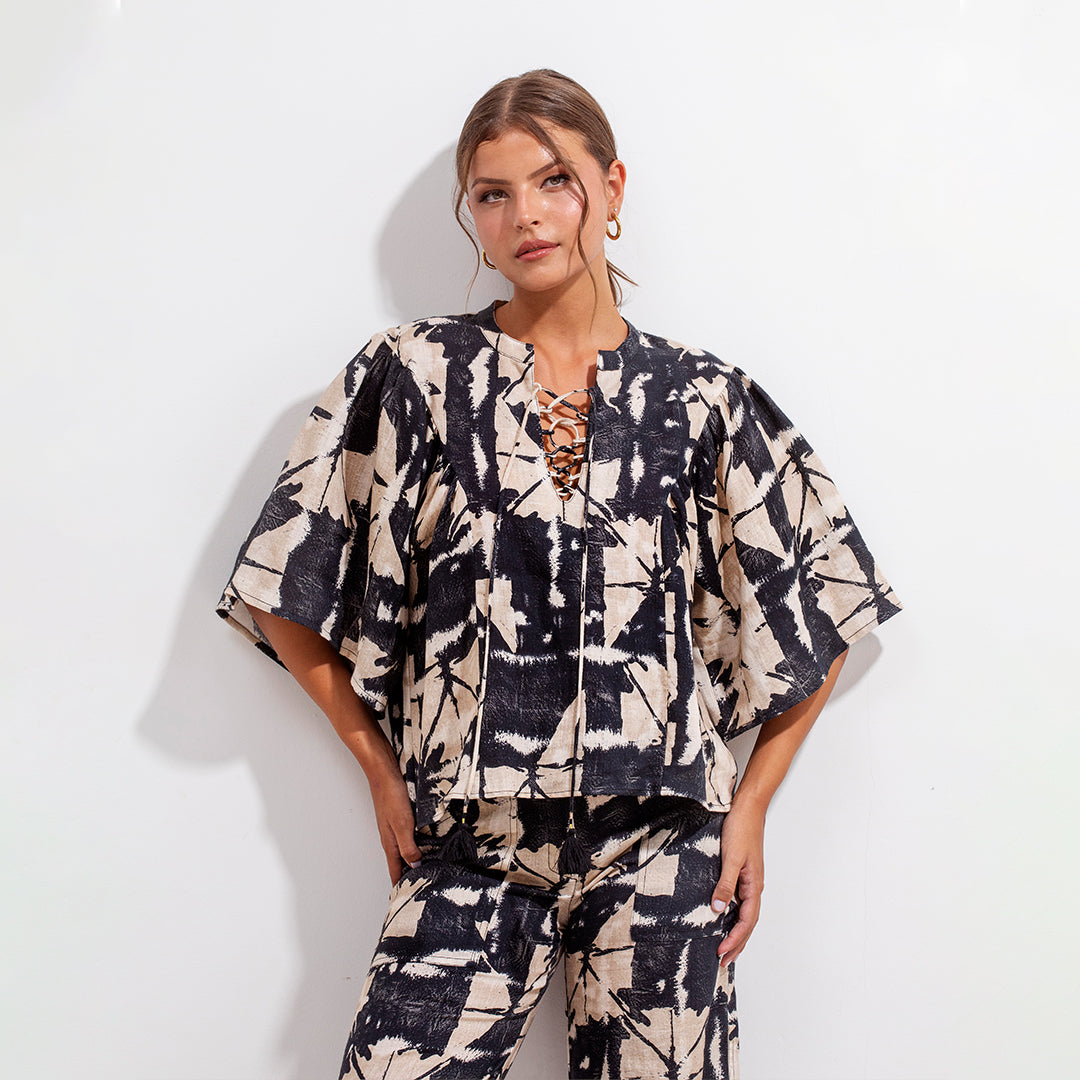 Elena Blouse Black Print Linen
