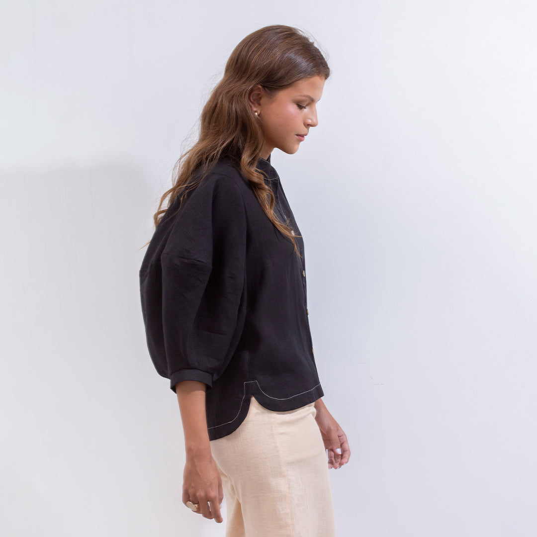 Gerald Shirt Black And Beige Linen