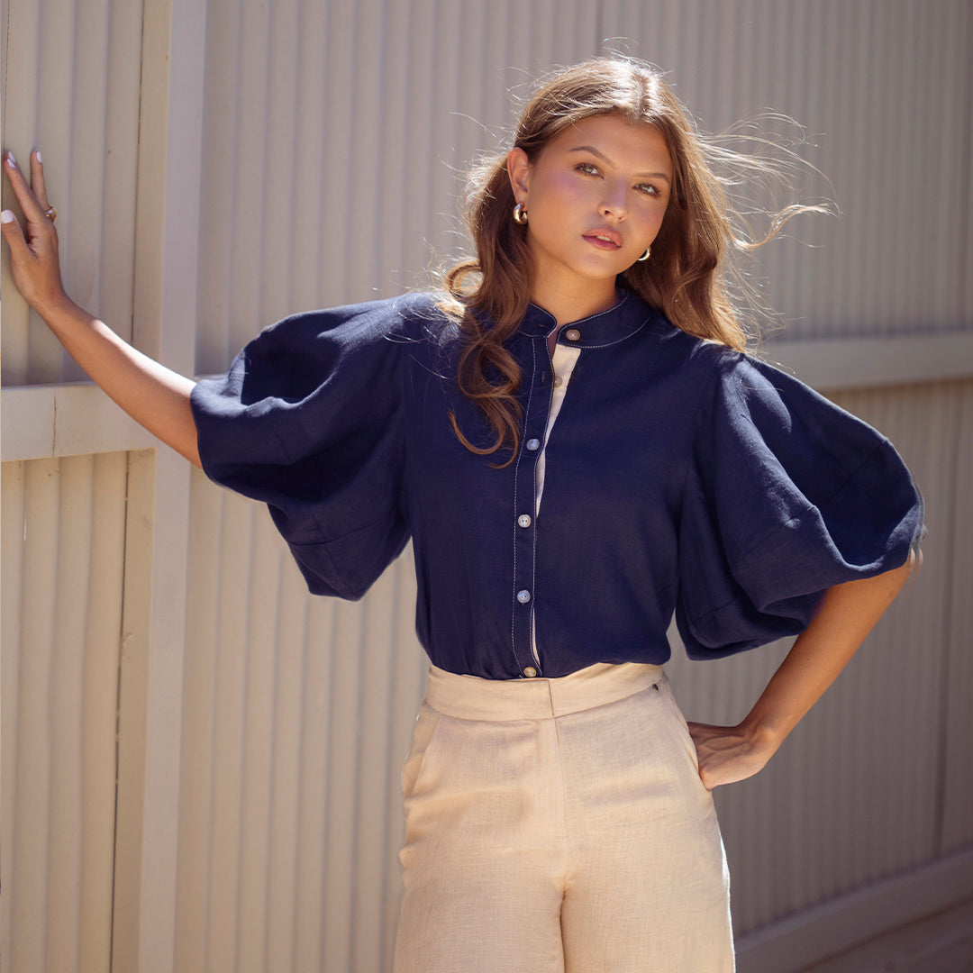 Gerald Shirt Blue And Beige Linen