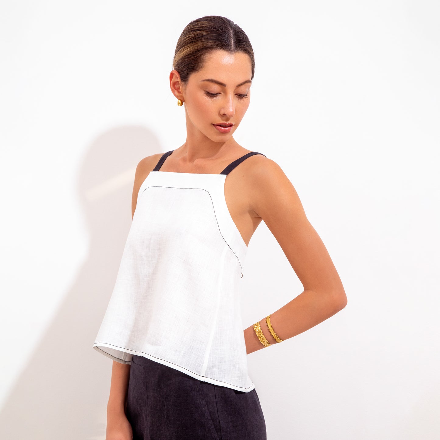Teresita Top Natural and Black Linen