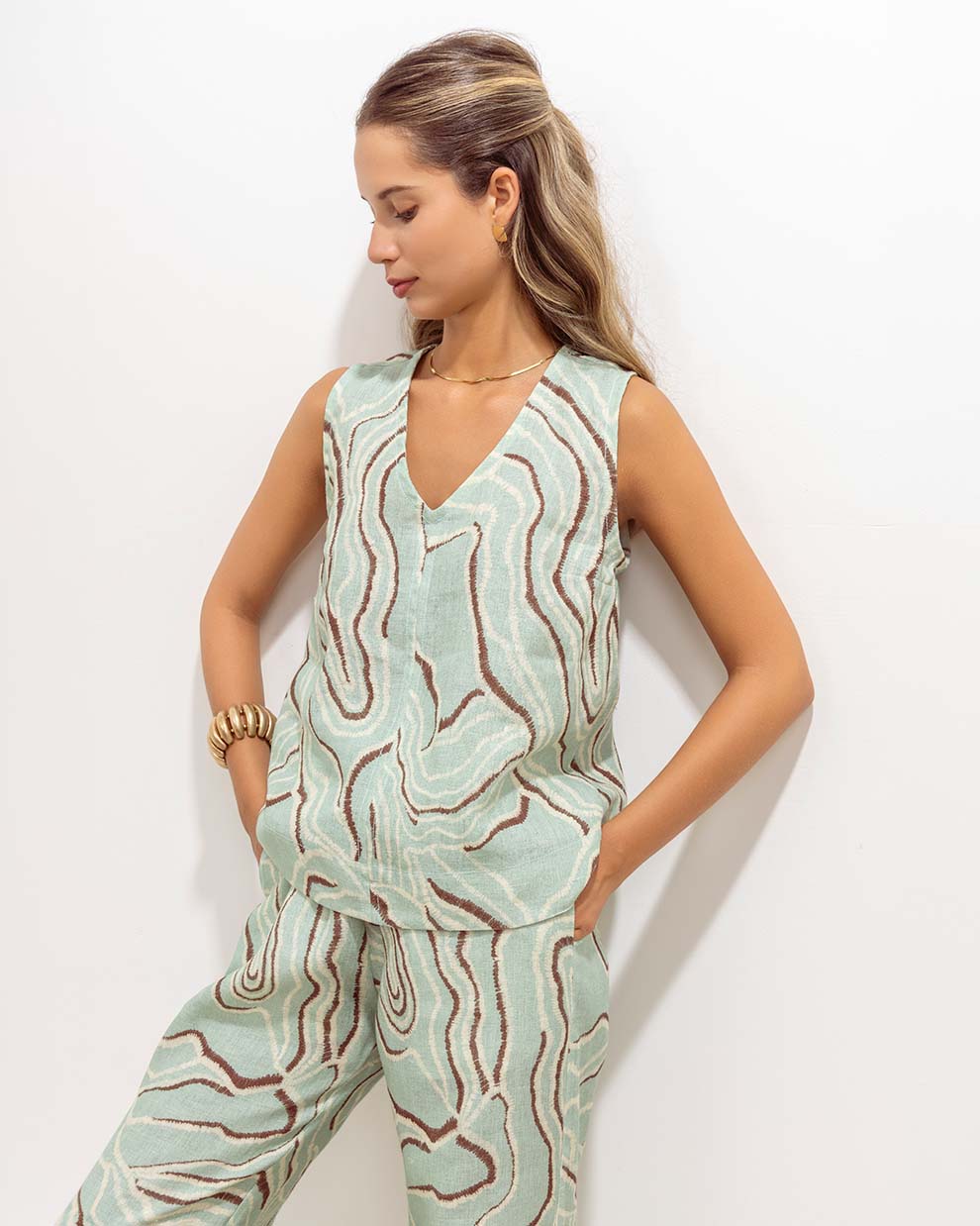Marina Blouse Green Waves Linen