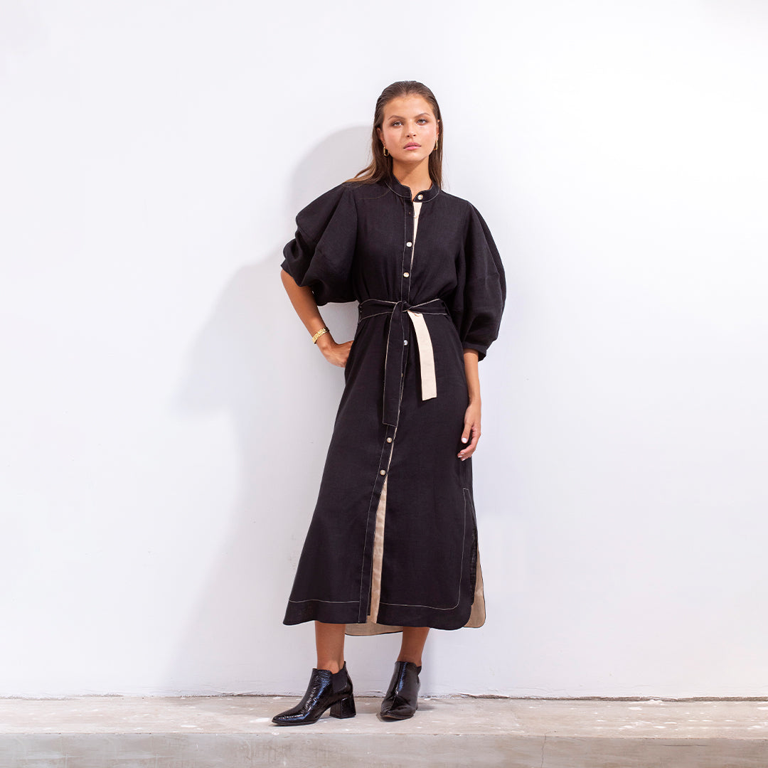 Gerald Dress Black And Beige Linen