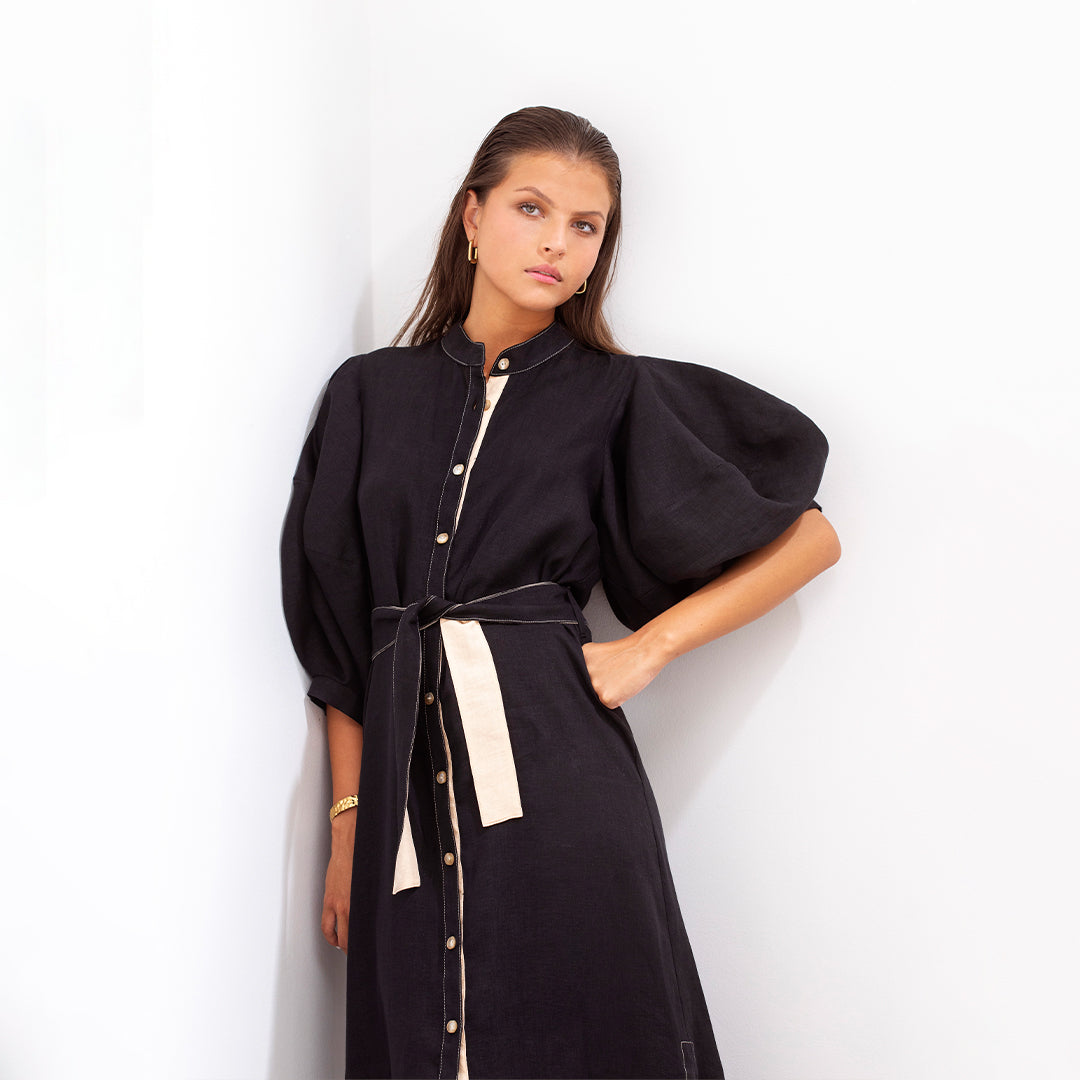 Gerald Dress Black And Beige Linen