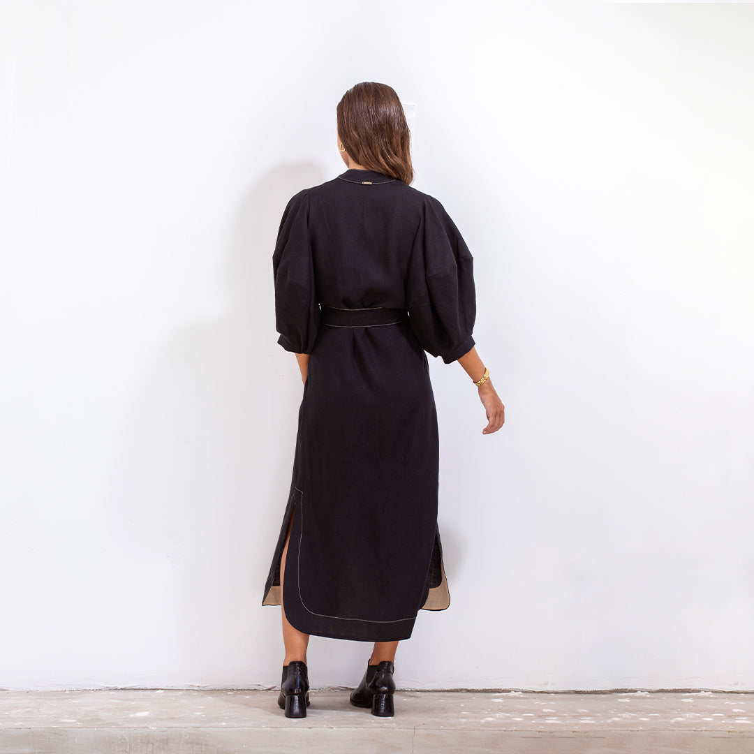 Gerald Dress Black And Beige Linen