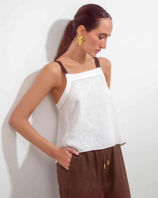 Teresita Top Off White and Chocolate Linen