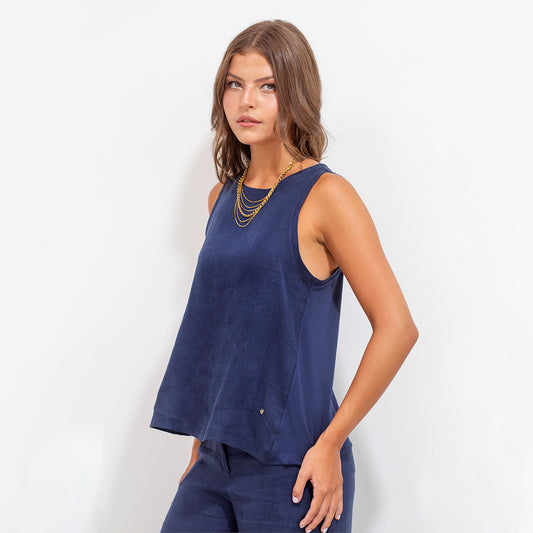 Jimena Blouse Blue Linen and Jersey