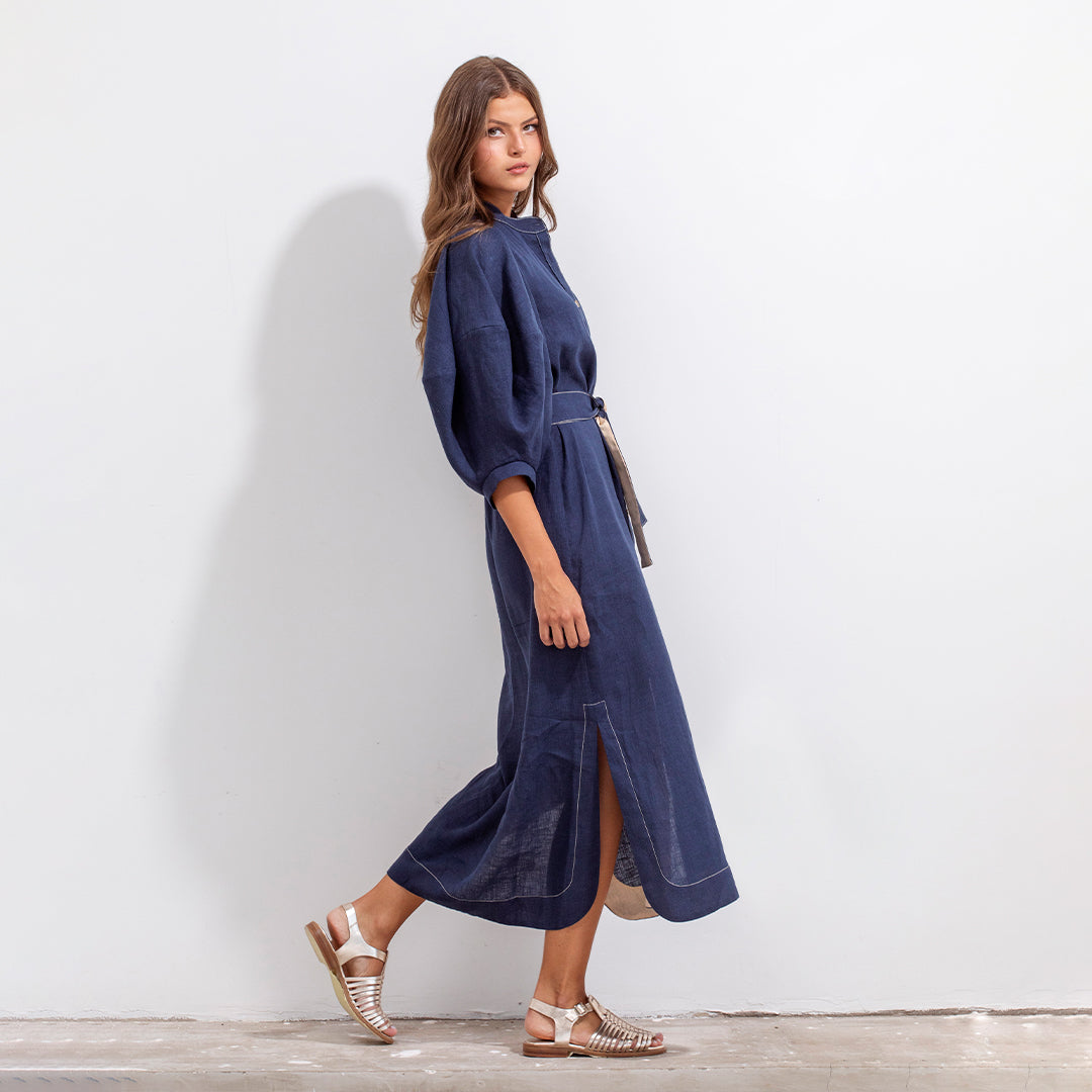 Gerald Dress Blue And Beige Linen