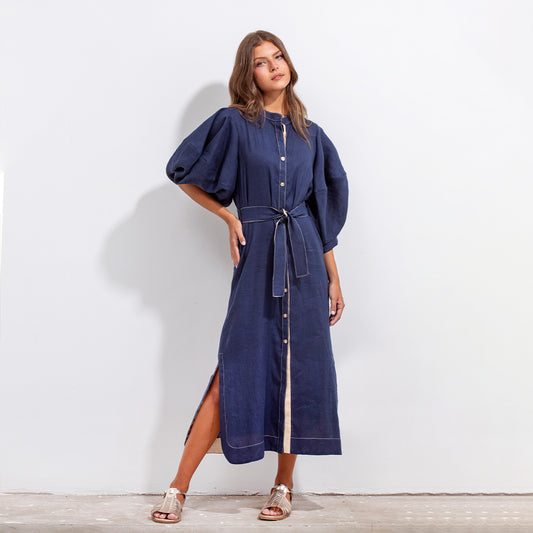 Gerald Dress Blue And Beige Linen