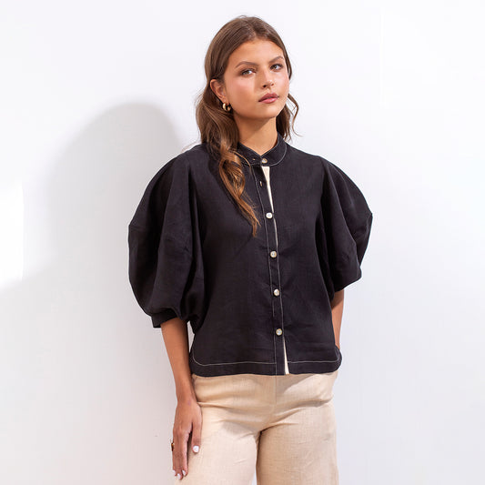 Gerald Shirt Black And Beige Linen