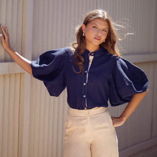 Gerald Shirt Blue And Beige Linen