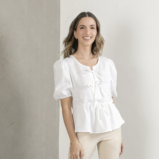 Bow Blouse in White Linen