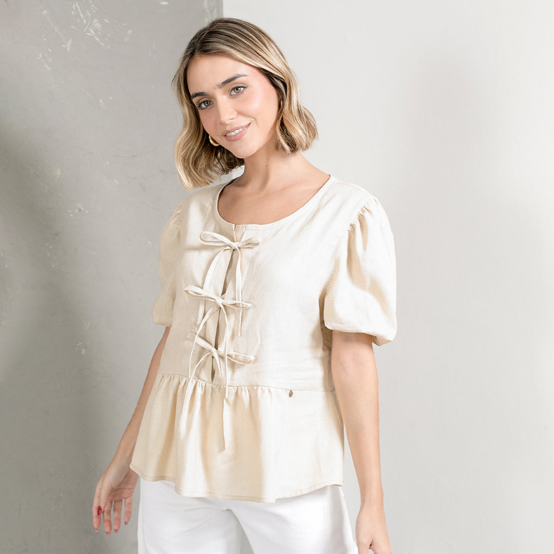 Bow Blouse in Sand Linen