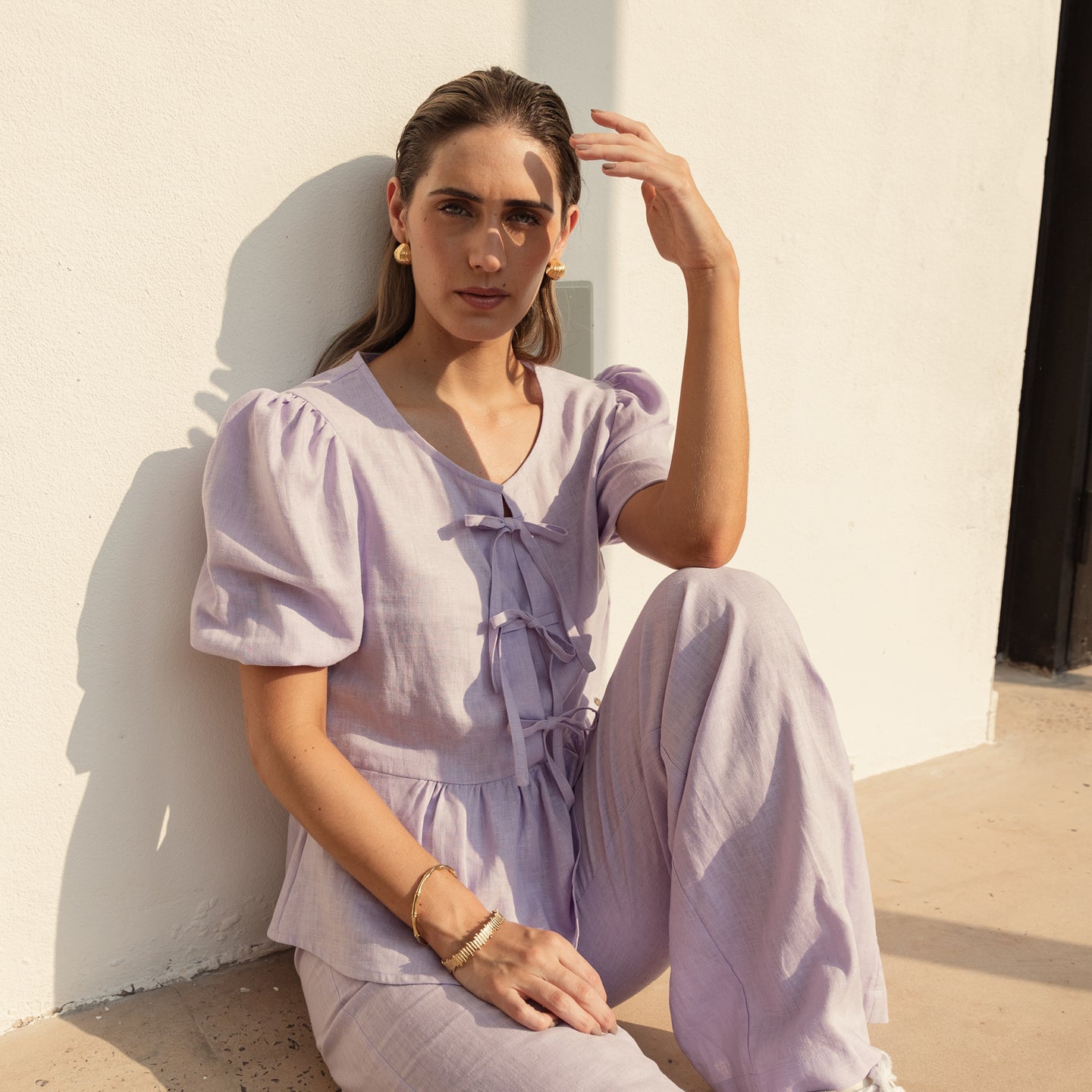 Bow Blouse in Lavender Linen